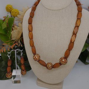 Wooden Tan/Brown Beaded Necklace and earrings